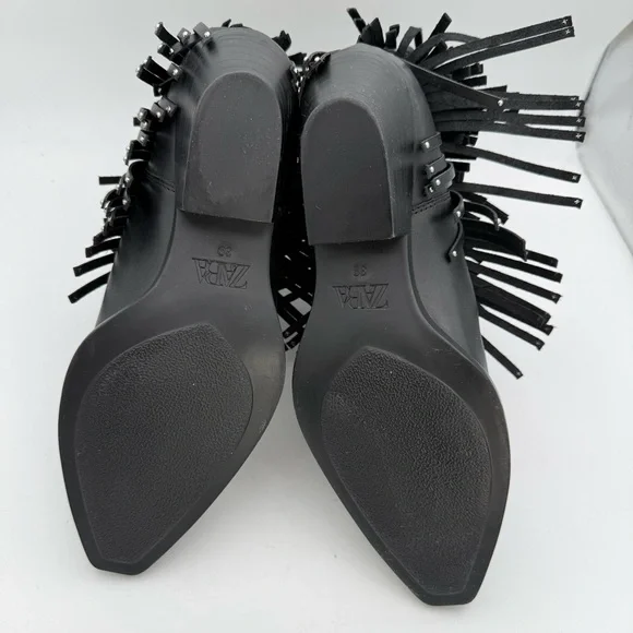 ZARA women’s Fringe Cowboy studded genuine leather Ankle Boots pull on Bootie 8 - Picture 8 of 9